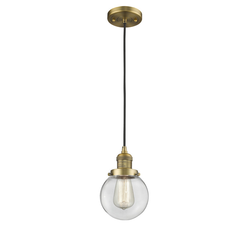 Clementina 1 - Light Single Pendant, 6 Watt Vinage LED Bulb, Clear, Brushed Brass
