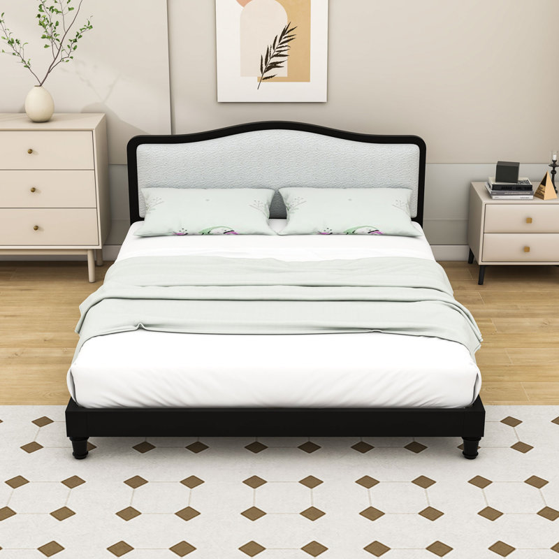Lit plateforme en bois avec tête de lit tapissier, Grand lit, Noir / blanc