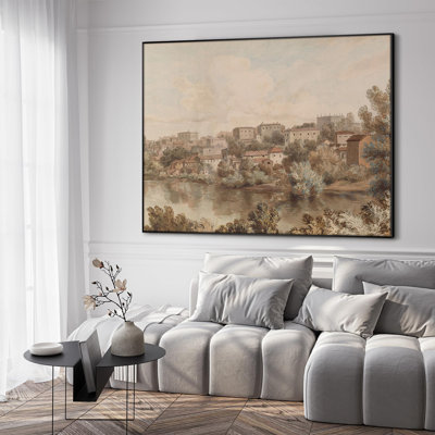 Très grand art mural imprimé sur toile - Paysage de campagne rétro, ville européenne, rivière, œuvre d'art pour le salon ou la chambre à coucher - «Assemblage requis du cadre (cadre non fini)»