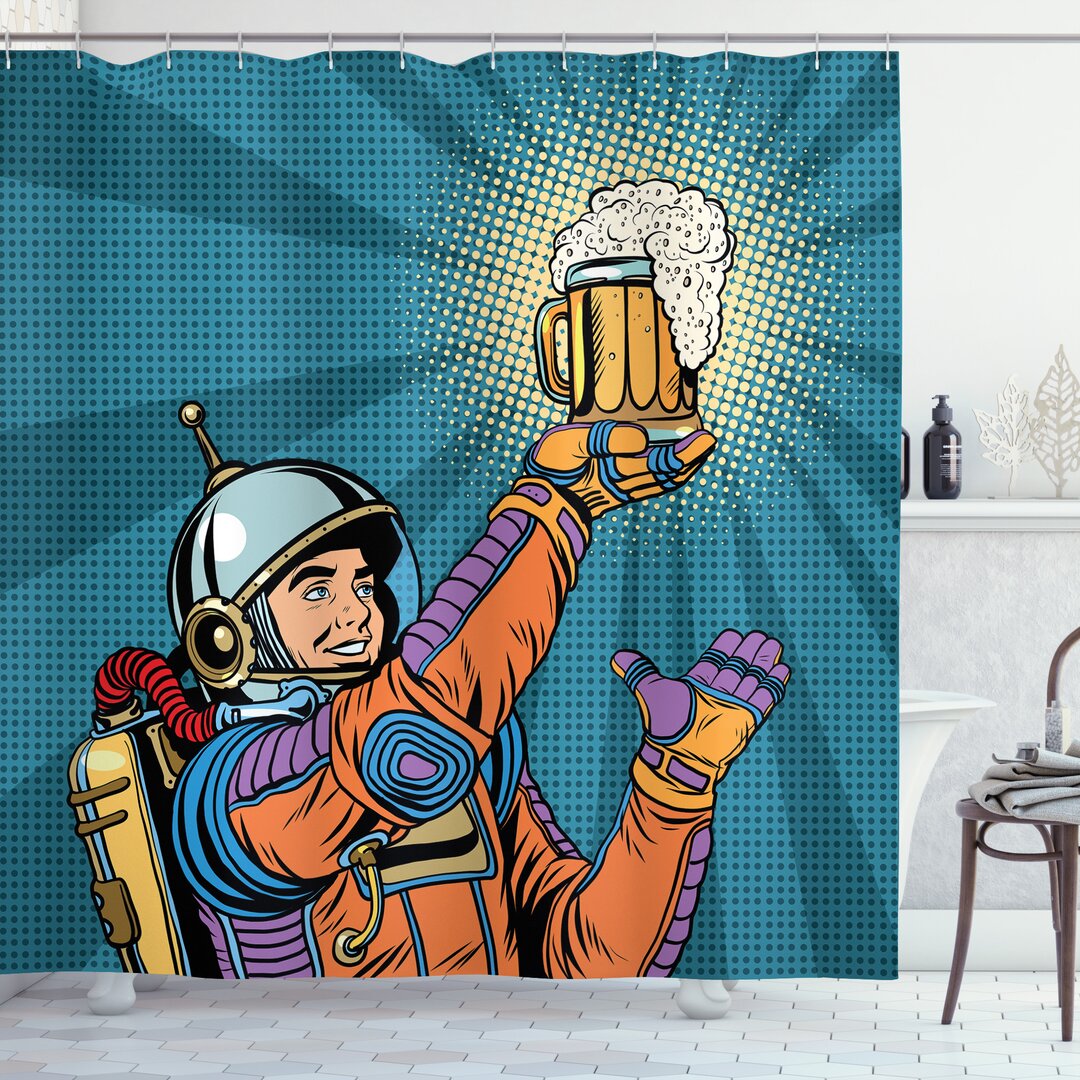 Duschvorhang, Astronaut hält Bier, Astronaut, Mehrfarbig