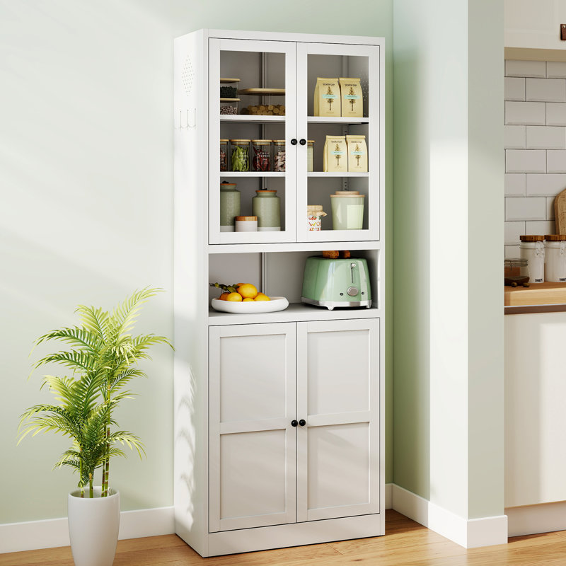 Grand garde-manger en métal blanc de 72 po Mak Peace - Rangement autoportant avec portes en verre et en métal pour cuisine / garde-manger / salle de bain / salle de lavage