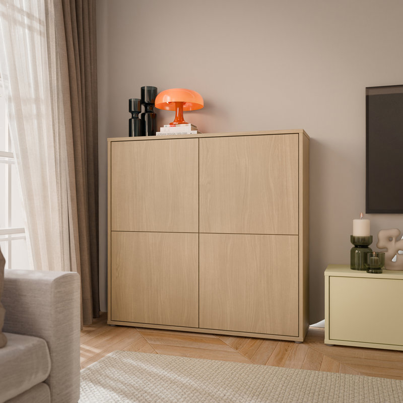 Modern minimalistic cabinet unit with 4 square-shaped doors, engineered wood, 124.5 cm W x 121.5 cm H x 34.9 cm D, Beige