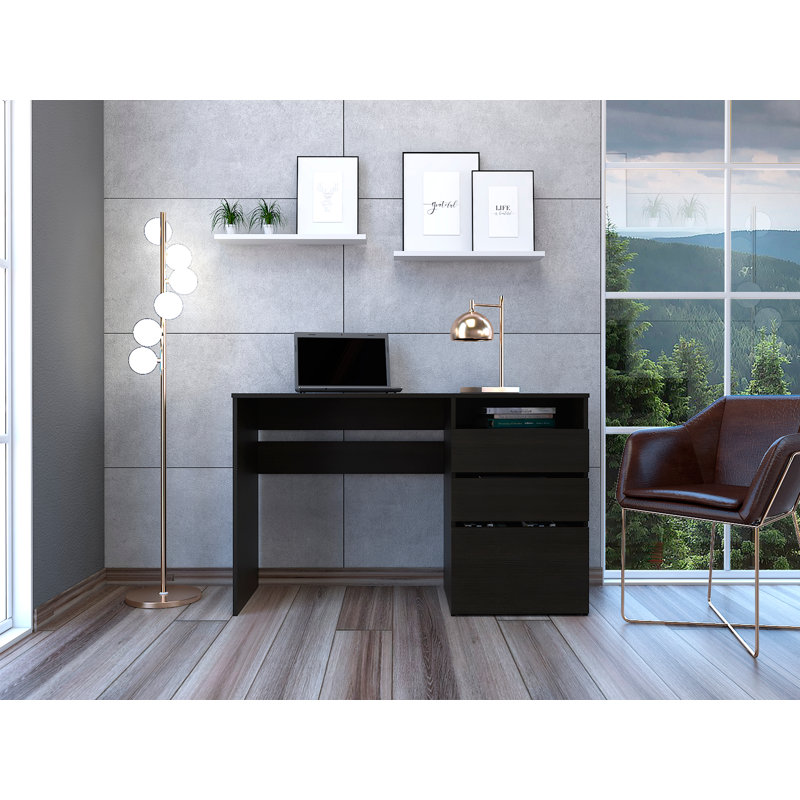 Three Drawer Computer Desk, One Shelf, Black