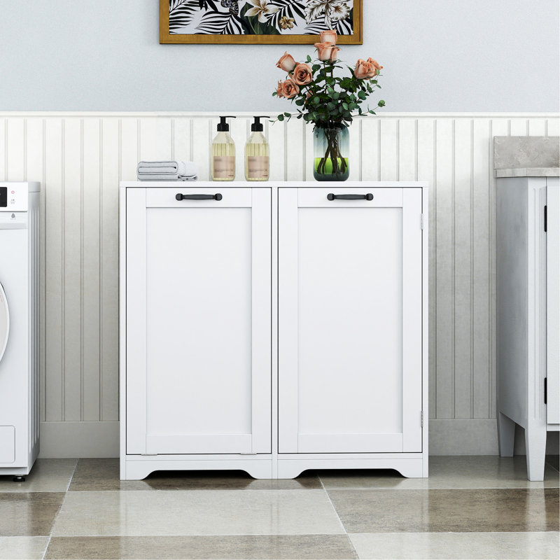 Armoire de buanderie avec portes et tablette, panier à linge inclinable, style autoportant, tablette réglable