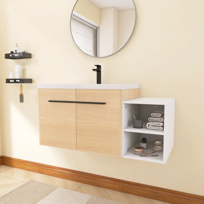Meuble-lavabo mural Yexby de 107 cm (42 po) avec lavabo en résine, petites étagères de rangement, étagères réglables, armoire à double porte, portes à fermeture amortie, finition chêne naturel
