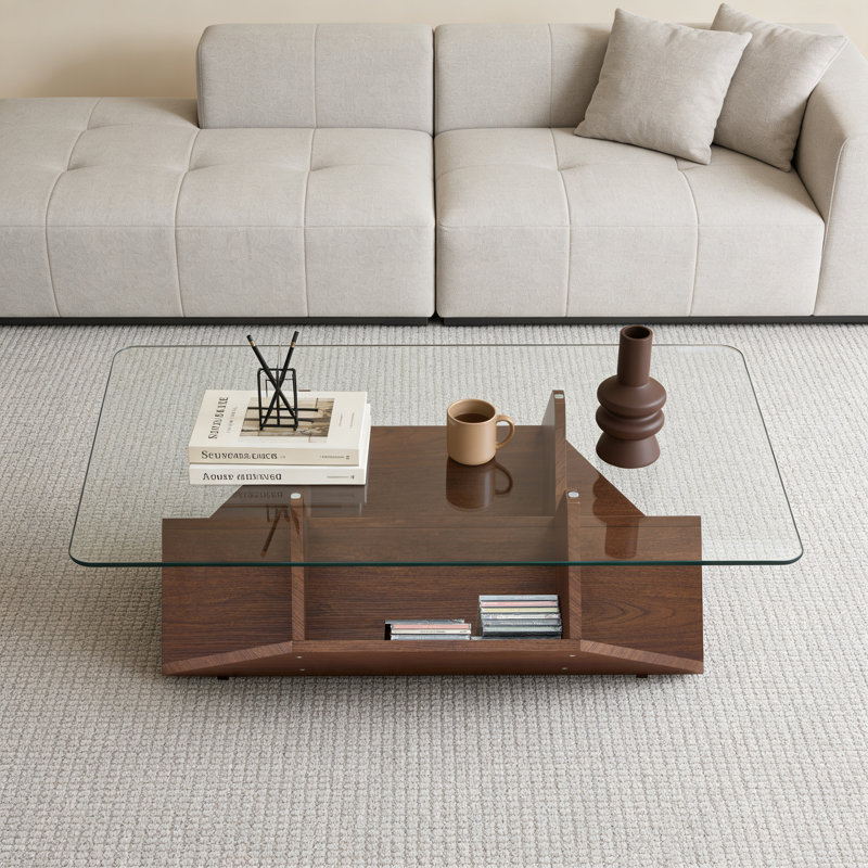 Tempered Glass & Mdf Coffee Table With Carved Knife Wood Grain, Multi-storage Open Compartments Coffee Table For Living Room Office Modern Home Decor