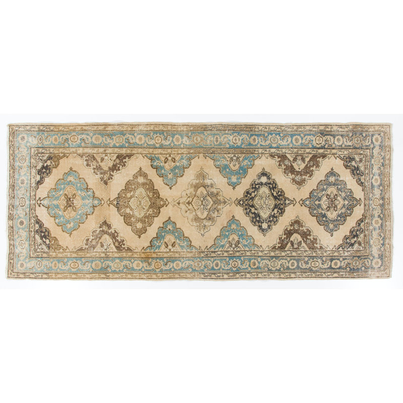 Chemin de table rétro Oushak Anatolian. Tapis de couloir fait à la main, revêtement de sol