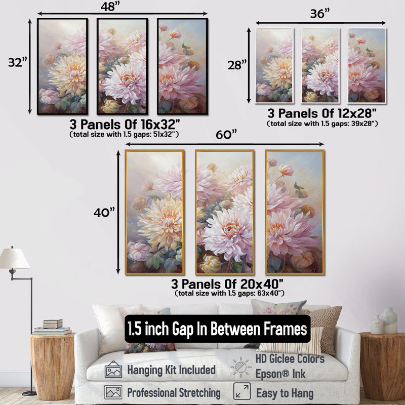 Rose et mauve, ensemble d'art sur toile, H 28 po x l 36 po x P 1 po, Cadre naturel flottant