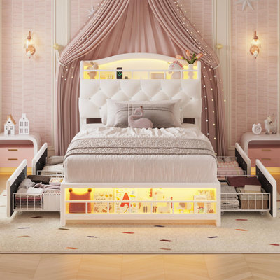 Bed Frame With Storage Headboard & 4 Drawers,with Led Lights & Charging Station, No Box Spring Needed, Easy Assembly, Princess Velvet Upholstered Platform Bed