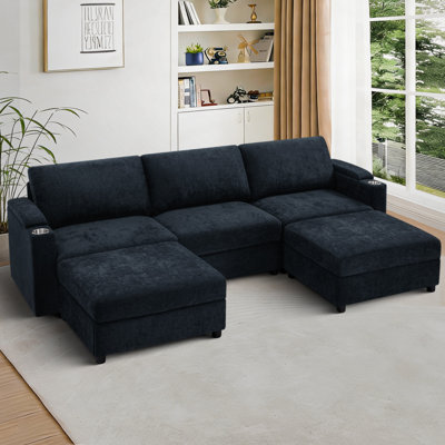 108" U-Shaped Sofa With 2 Ottomans, 5 Seats Convertible Sectional Couch With Storage Armrests And Cup Holders, Chenille Comfy Sofa With Deep Seats For Living Room