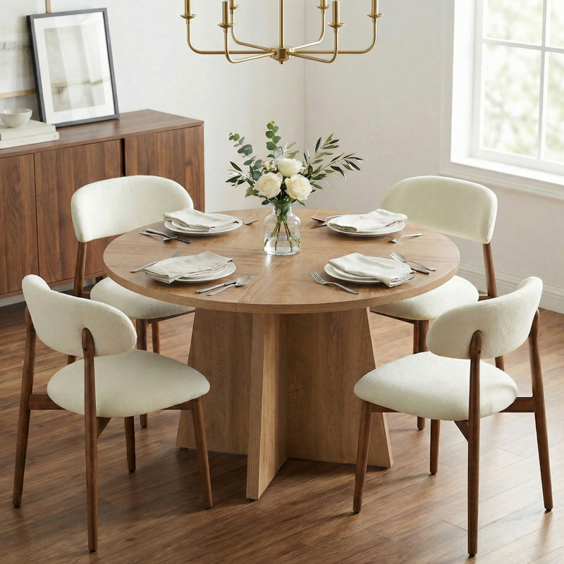 Amarachi 47’’ Round Wood Dining Table With Upholstered Chairs, Kitchen Dining Room Furniture Set, Light Brown, Green