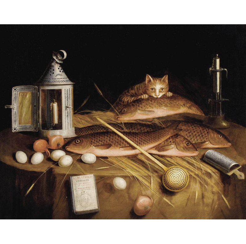 «Kitchen Still Life with Fish and Cat» par Circle Of Sebastian Stoskopff - Art mural sur toile tendue avec châssis