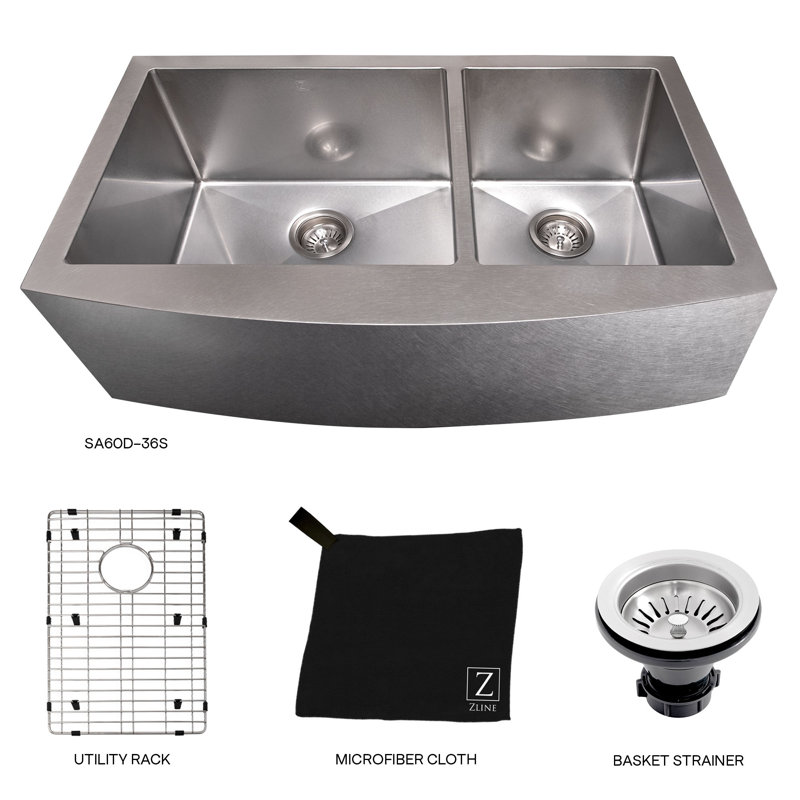 DuraSnow® ZLINE 36" Courchevel Farmhouse Apron Mount Double Bowl Fingerprint Resistant Stainless Steel Kitchen Sink with Bottom Grid