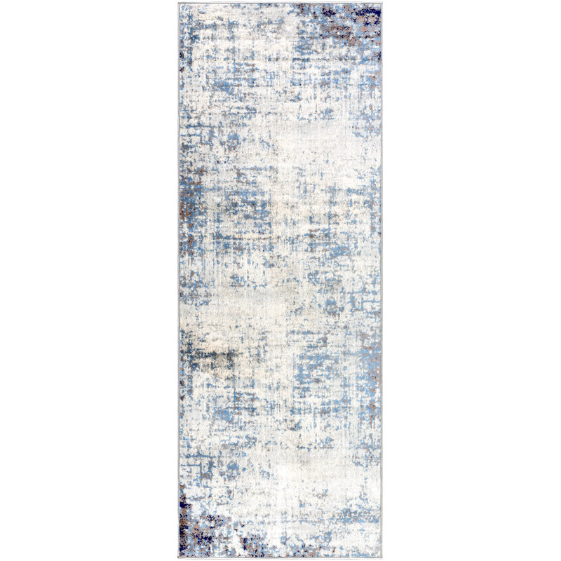 Tapis abstrait bleu / gris clair / blanc Magallanes, Tapis de couloir 2 pi 7 po x 10 pi