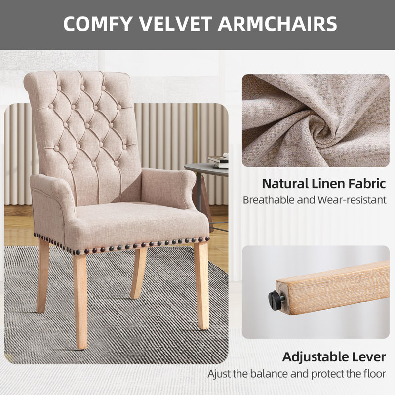 Chaise de salle à manger à haut dossier classique avec revêtement capitonné et garnitures cloutées, Lin gris