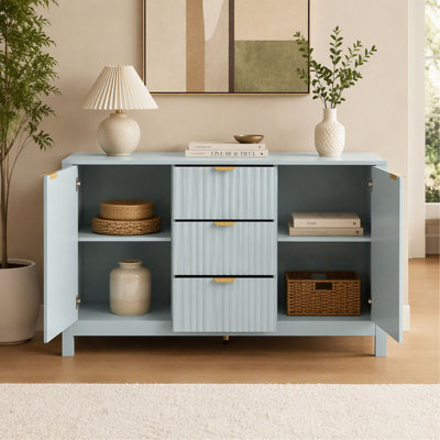 Sideboard Cabinet with Wave Design and 3 Adjustable Shelves, 3 Drawers and Soft-Close Doors with Metal Handles for Living Room and Hallway