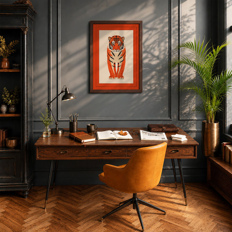 Geometric Tiger Art Deco - Framed Print, Walnut, A3 - 42.0 x 29.7 cm