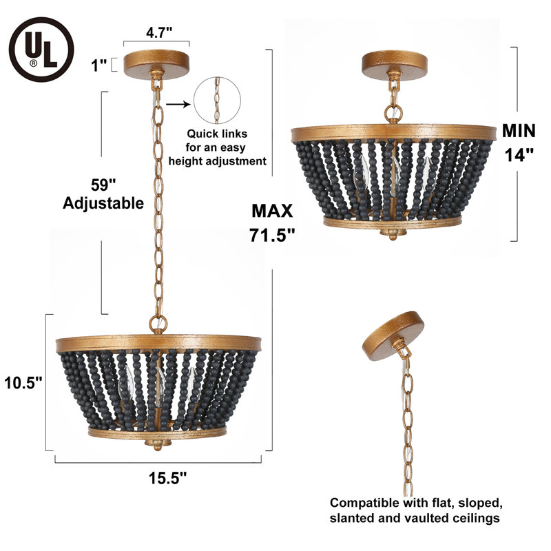 Lustre à 3 lumières avec décorations perlées Hatfrneld, Noir