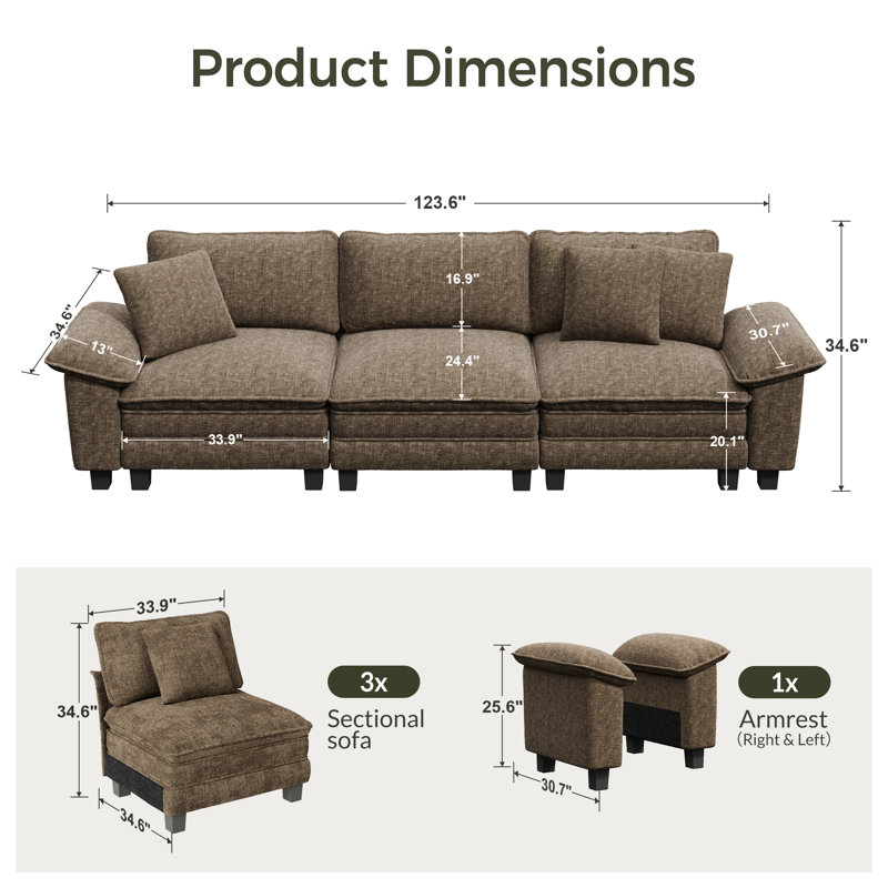 124" Modular Sectional Sofa, Comfy Cloud Couch For Living Room, 3-seater Deep Seat Sofa With Throw Pillow, Brown Chenille