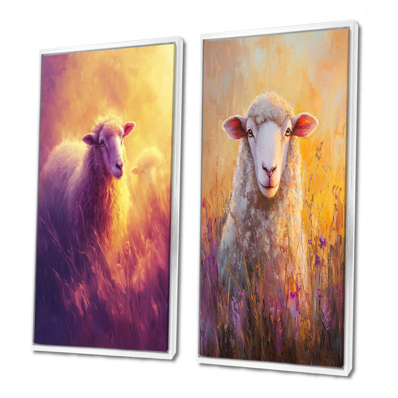 Lavande de moutons au lever du soleil I - animaux, art mural 2 panneaux, H 28 po x l 25 po, Cadre flottant blanc