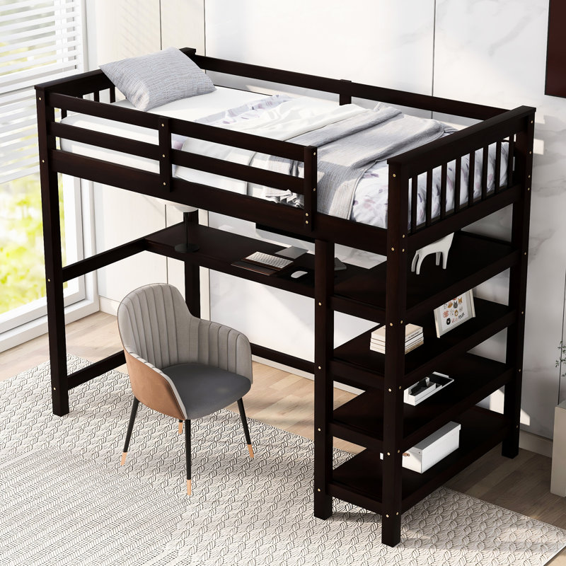 Twin Size Loft Bed With Storage Desk And -Colored Shelves For Space Optimization, Twin, Espresso