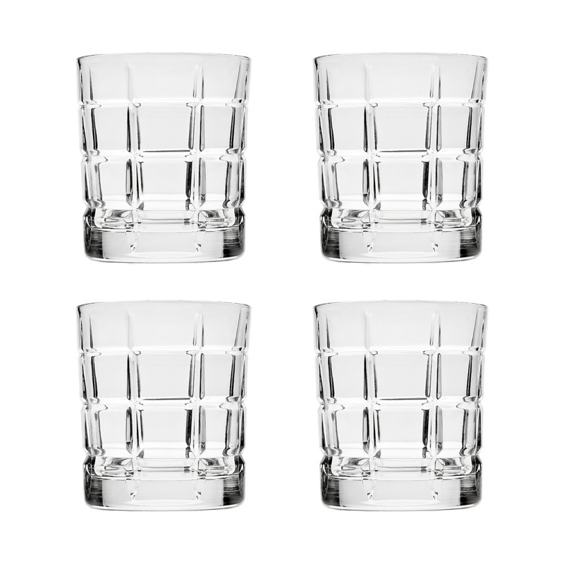 Plaid Pattern Clear Glass Whiskey Tumblers, Set of 4, 13.5 oz