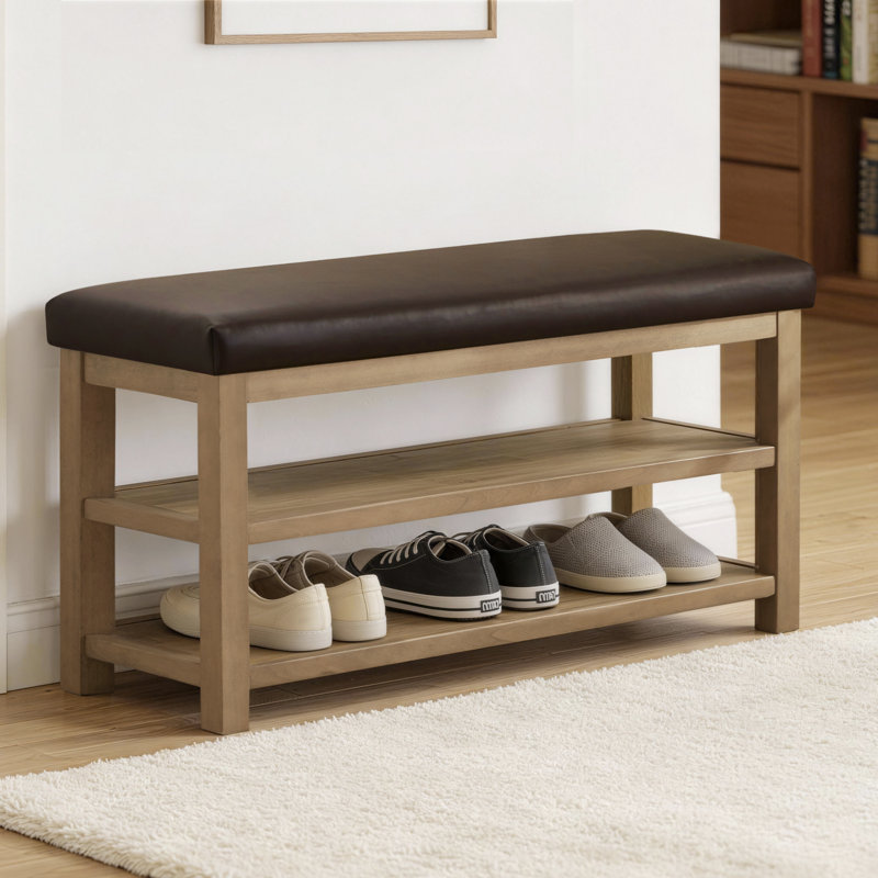 Banc de rangement rembourré pour chaussures en similicuir Hahnville, 21.3" H x 46.1" W x 13.8" D, Brun