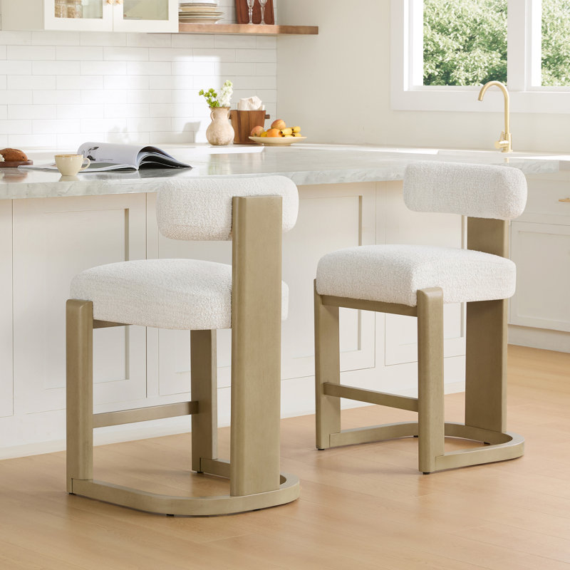 Tabouret de comptoir rembourré en bois massif, Siège perle / cadre gris clair