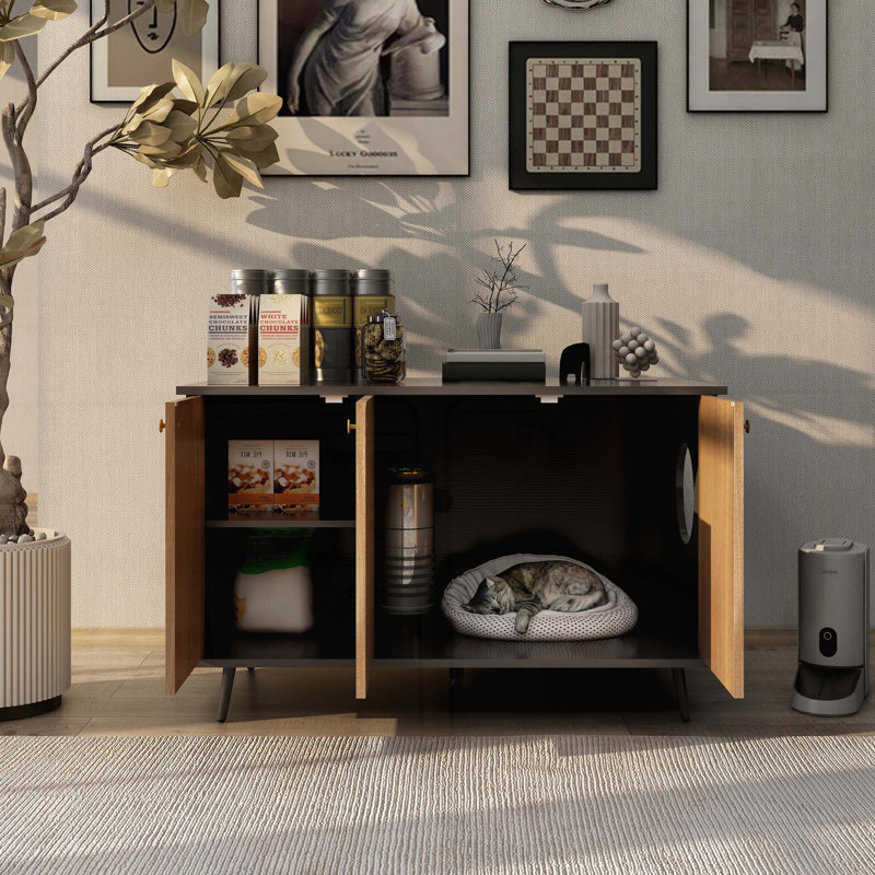 Litter Box Enclosure with Hidden Plug, 3 Doors, and Storage Bench – Black and Walnut