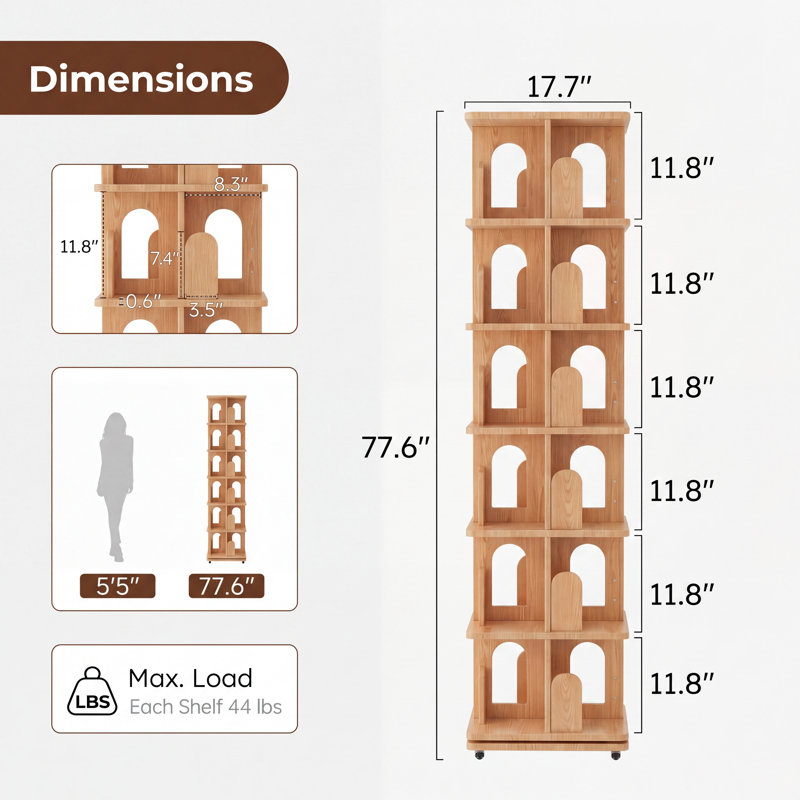 360° rotating square solid wood bookcase, with fixed pulleys, adjustable height, suitable for display and storage.