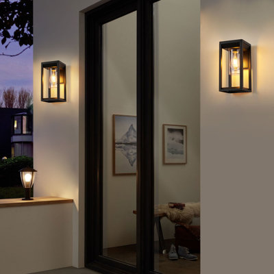 Outdoor Wall Light, Mains Powered, IP65 Weatherproof, E27 Bulb Cap, Black Aluminium Rectangular Design With Cylinder Clear Shade
