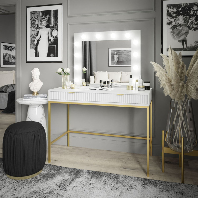 Aldonia Dressing Table with Mirror, White/Gold