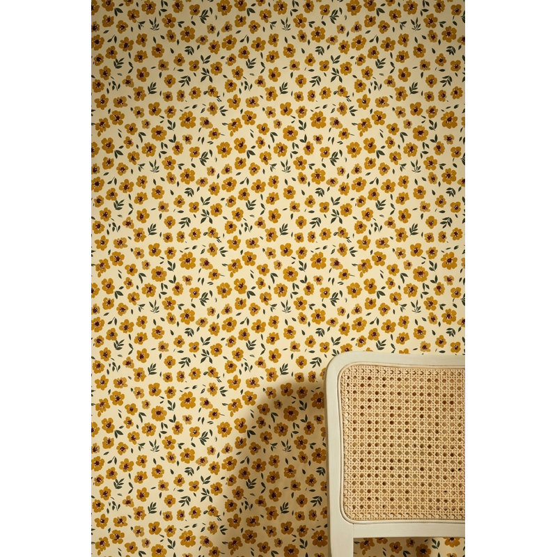 Papier peint fleurs de moutarde jaune crème, Non-Woven Non-Pasted