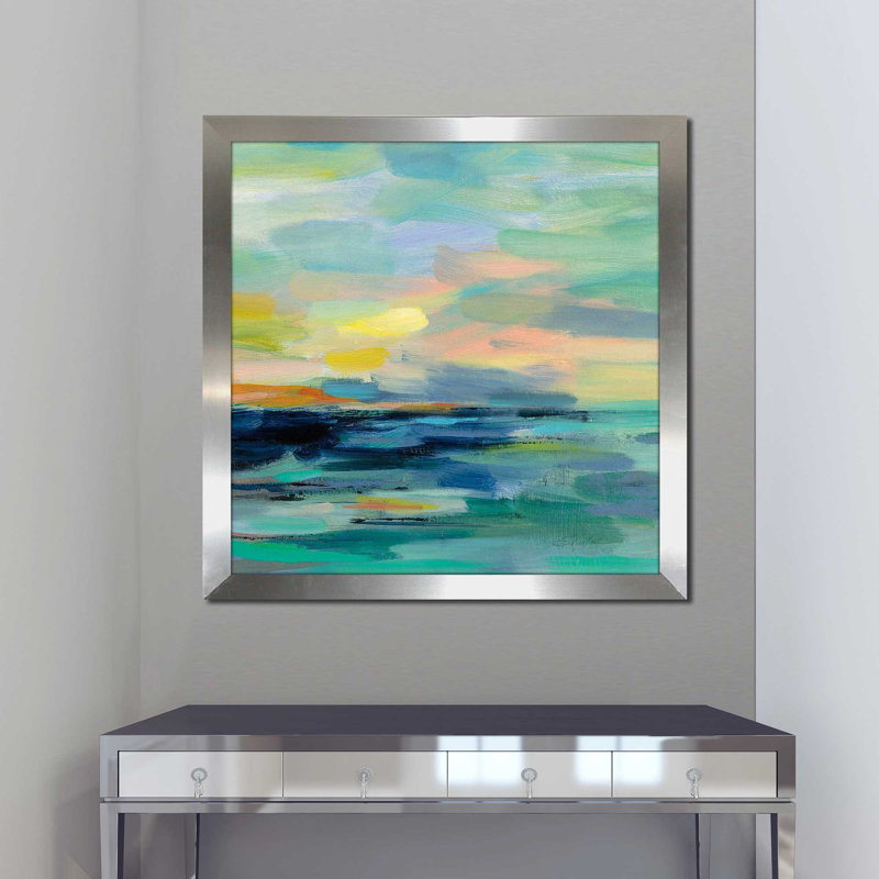 Pacific Beach II - peinture, Encadrement argenté, H 31,5 po x l 31,5 po x P 1 po