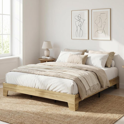 Structure de lit plateforme, lit en bois Boho avec lattes silencieuses, aucun sommier nécessaire, mobilier de chambre naturel, base de lit en bois robuste, assemblage facile