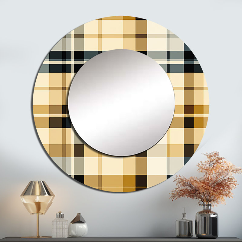 Noir et crème à carreaux sophistiqués - miroir décoratif à carreaux, grand miroir mural scandinave rond, impression d'art en métal