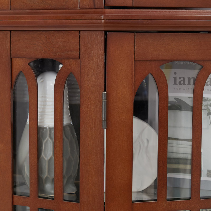 Vitrine d'angle avec 4 tablettes réglables en verre trempé et système d'éclairage, pieds en bois massif, panneau arrière en miroir en acrylique (ampoule E26 non incluse), buffet