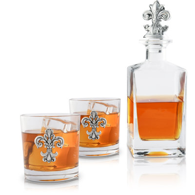 Glass Whiskey Decanter Fleur de Lis with Pair of Glasses