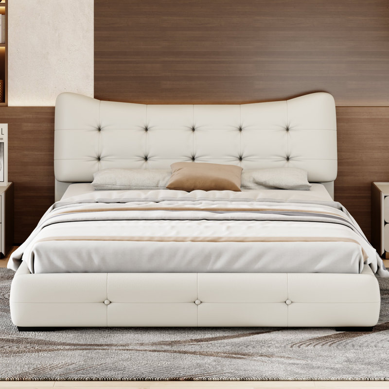 Modern PU Upholstered Queen Bed With Ergonomic Wingback Headboard, No Box Spring Needed, Cream, Crème, crème