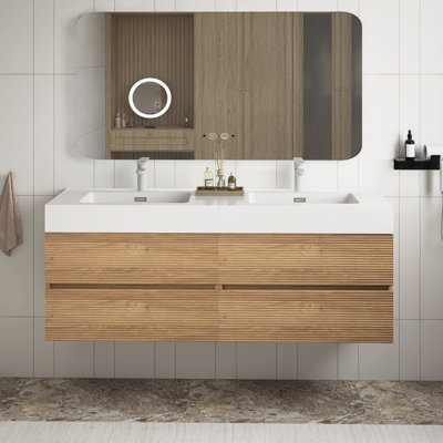 Bathroom Vanity With Engineered Quartz Sink And Soft-Closing Drawers, Wall Mounted Floating Bathroom Vanity For Modern Bathroom, One-Piece Basin