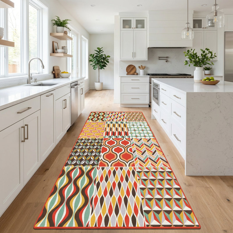 Mid-Century Modern Geometric Patchwork Runner Rug