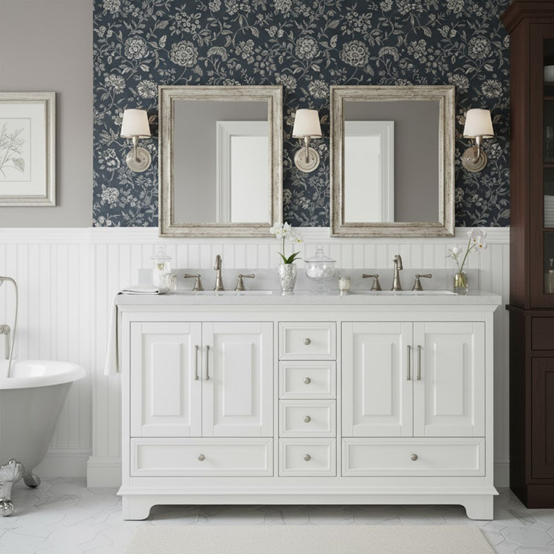 Meuble-lavabo double 60 po, Blanc