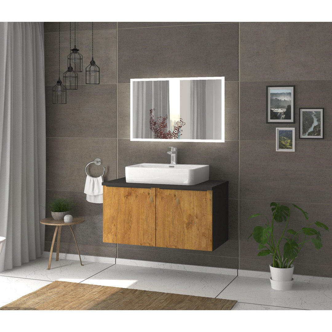 Odin washbasin with base cabinet, 96cm, alpine white / rustic oak / oak, metal handles