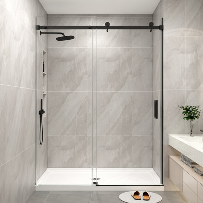 Porte de douche coulissante sans cadre de 61 à 66 po x H 76 po au fini noir mat avec verre trempé transparent de 1/4 po
