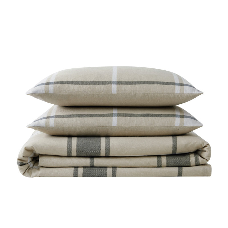 Flannel Box Stitch Plaid Comforter Set, Queen Comforter + 2 Standard Shams