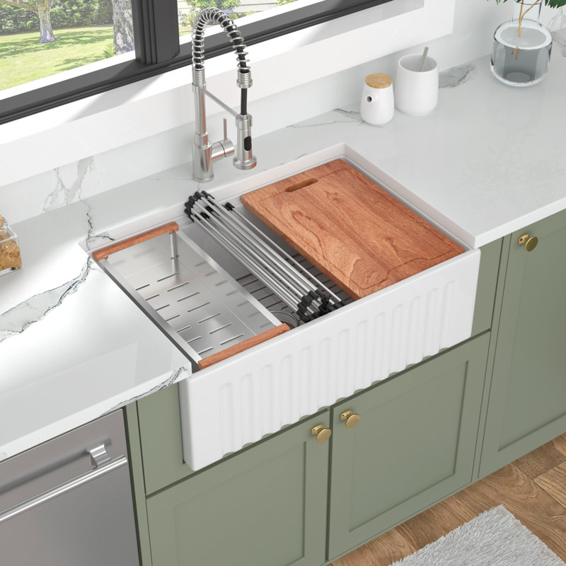 30"L x 20"W Ceramic Workstation Kitchen Sink Single Basin Farmhouse Apron Sink with Bottom Grid, 10" H x 30"L x 20"W