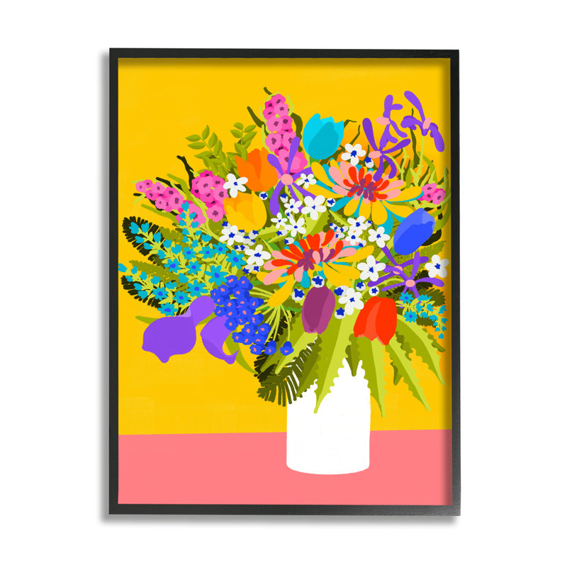 Az-489 - Bouquet encadré sur jaune, H 30 po x l 24 po x P 1,5 po, Giclée encadrée noir minuit