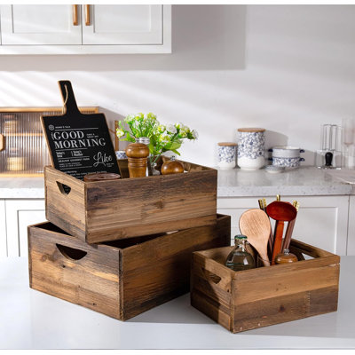 Ensemble de 3 caisses gigognes rustiques en bois vieilli, boîtes de rangement décoratives en bois de style campagnard, paniers vintage en bois récupéré pour la présentation (naturel)