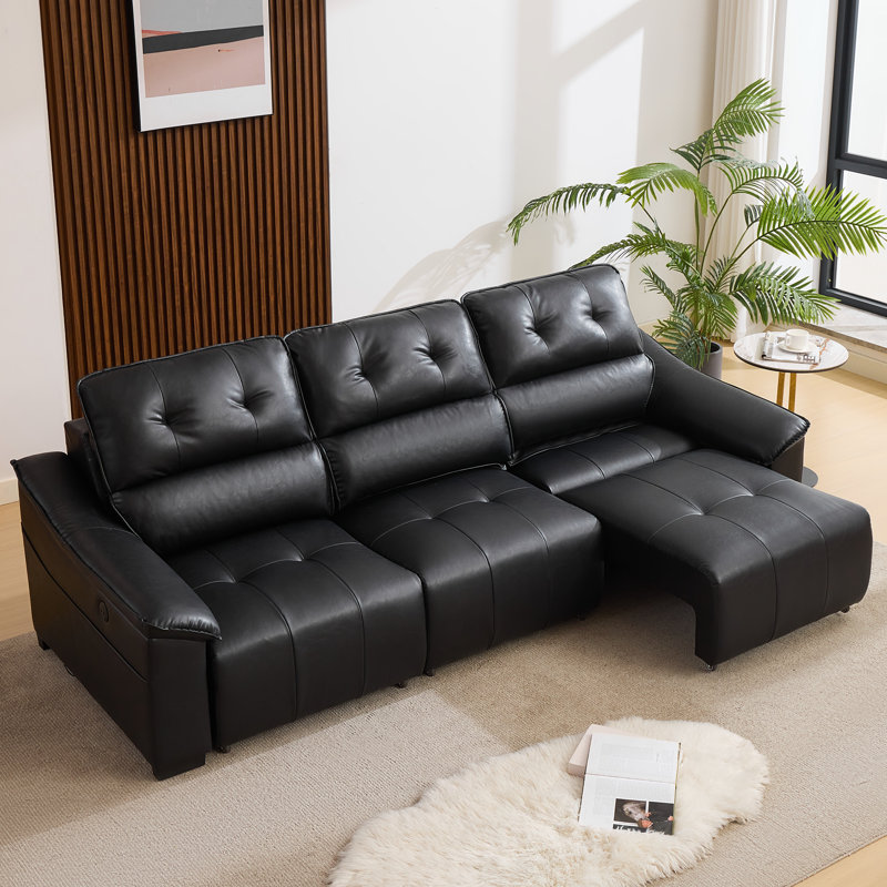 105” W Faux Leather Power Motion Sofa With Extending Seats, Convertible Table & Usb Charging, Black