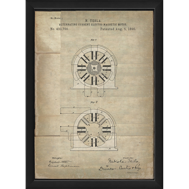 « tesla electro magnétique motor brevet », reproduction d’impression encadrée, H 17,13 po x l 12,63 po, Blanc